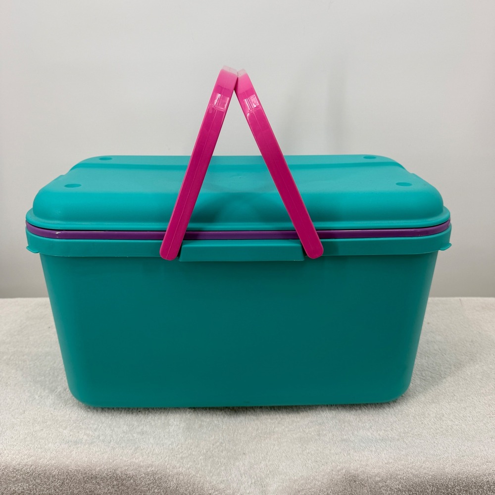 Vtg Eagle CraftStor Sewing Storage Box Teal Pink Purple 90s Retro USA Large 19"
